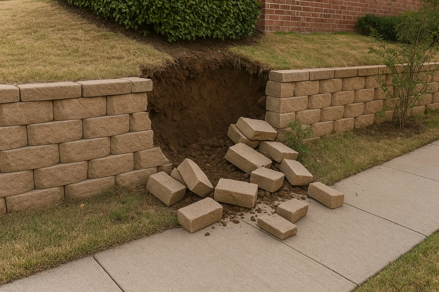 Drainage installation behind brick retaining wall